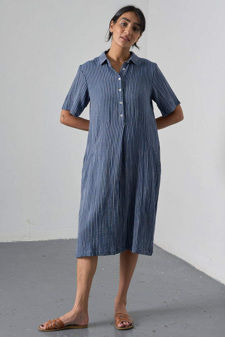 Bibico Alexa Dress Navy Textured Double Gauze Stripe BS26WD001