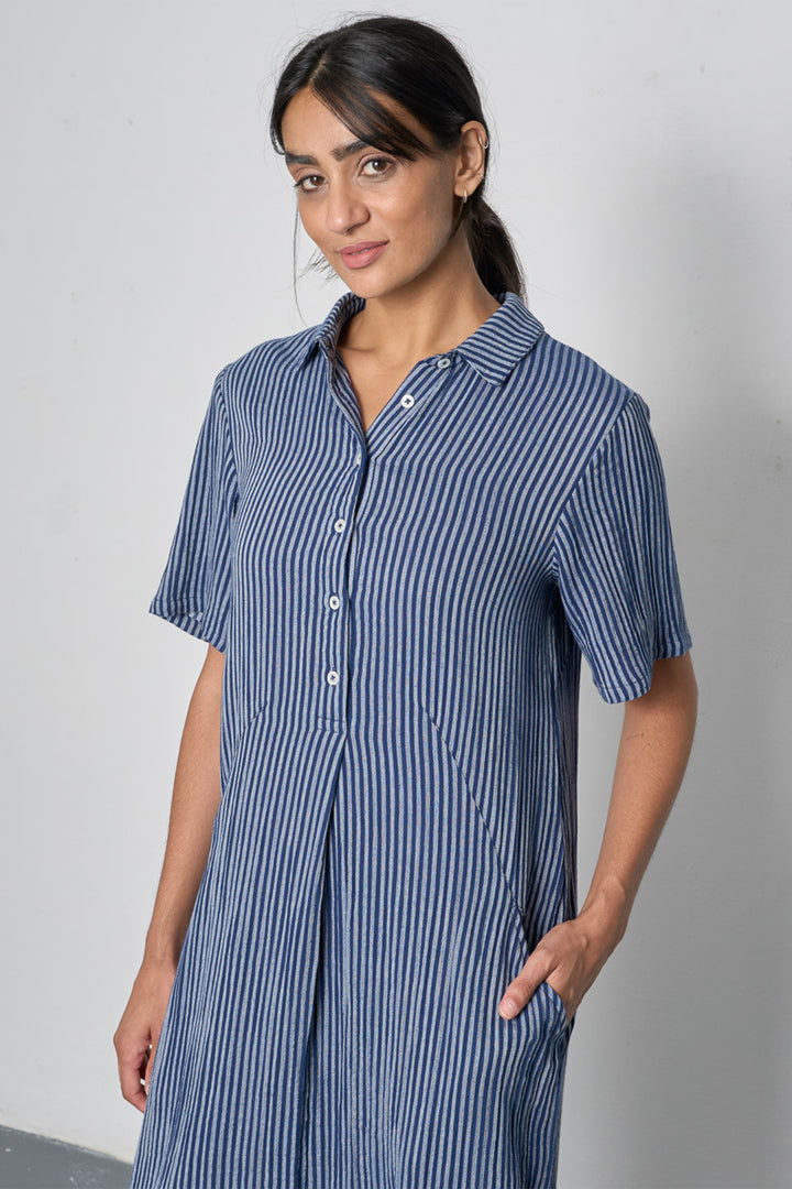 Bibico Alexa Dress Navy Textured Double Gauze Stripe BS26WD001