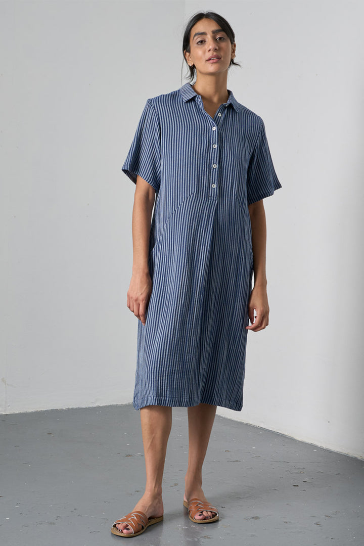 Bibico Alexa Dress Navy Textured Double Gauze Stripe BS26WD001