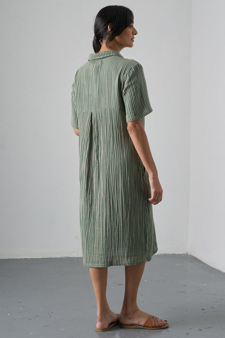 Bibico Alexa Green Textured Double Gauze Stripe Dress BS26WD001