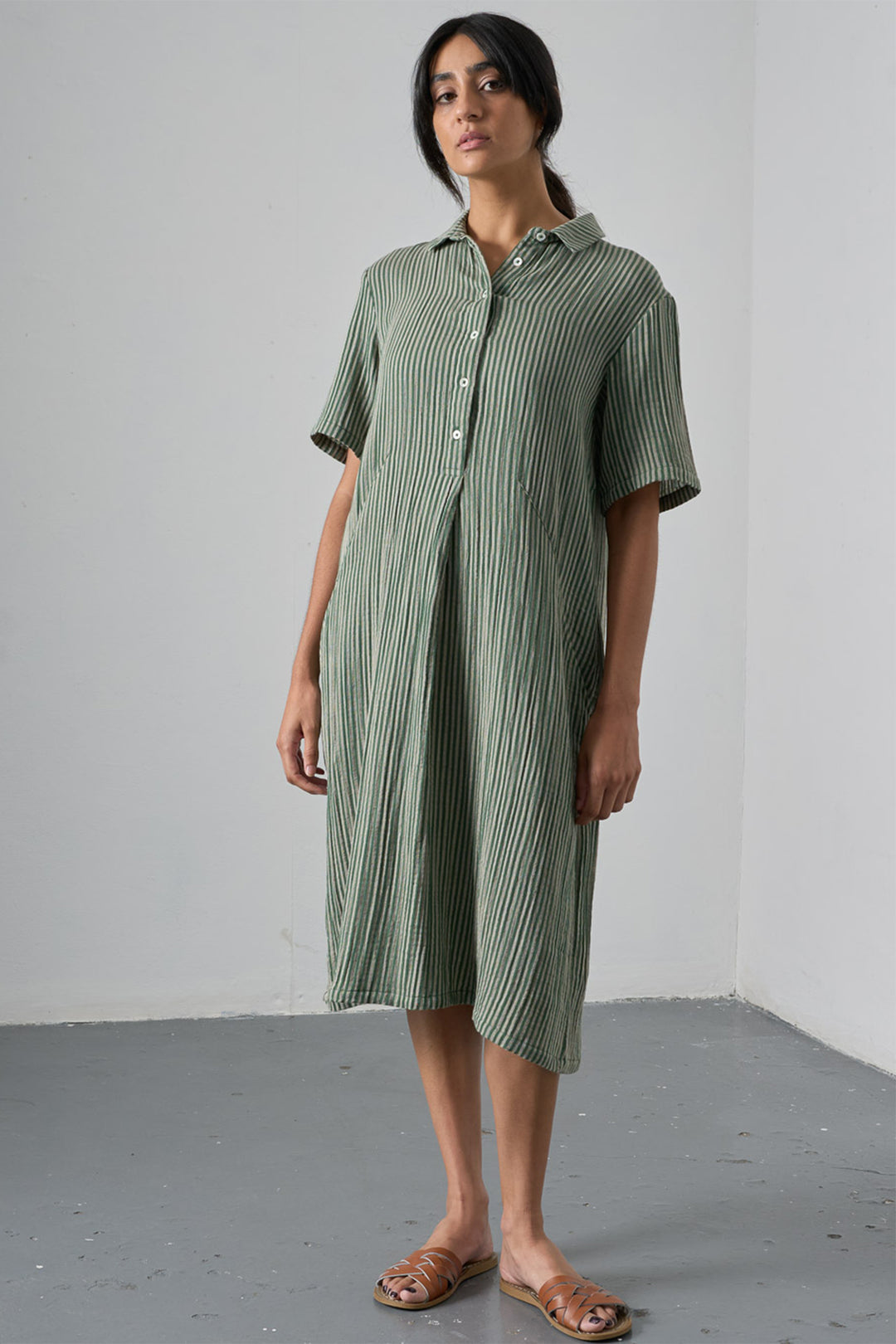 Bibico Alexa Green Textured Double Gauze Stripe Dress BS26WD001