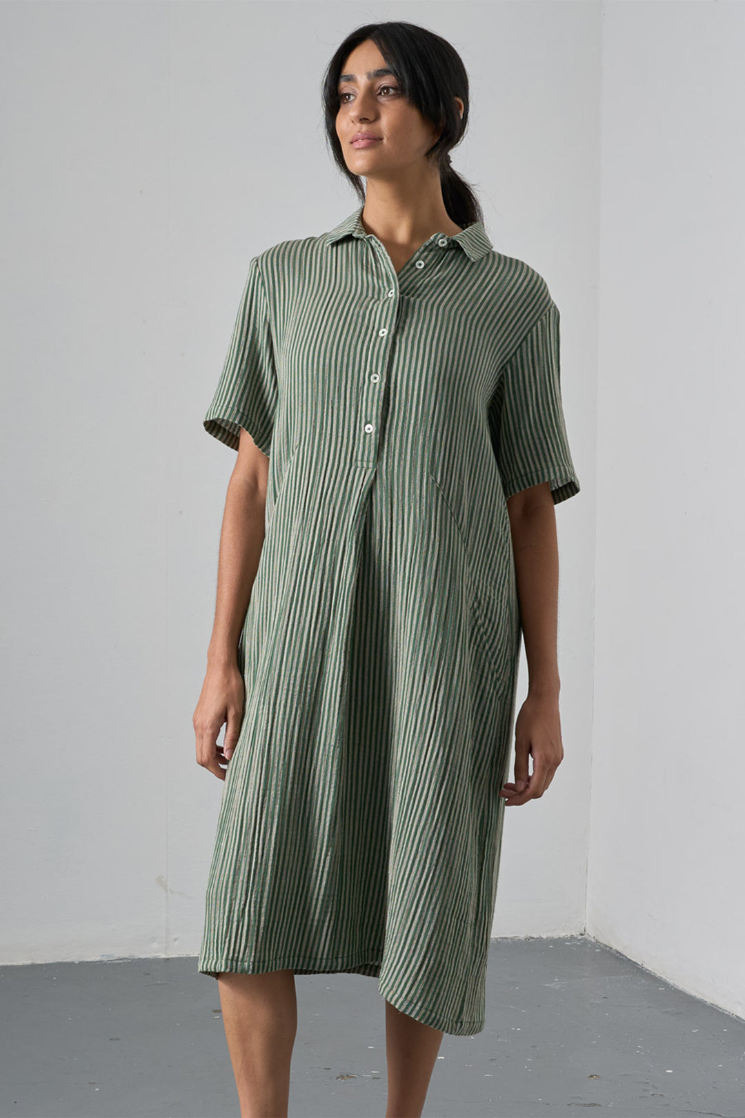 Bibico Alexa Green Textured Double Gauze Stripe Dress BS26WD001