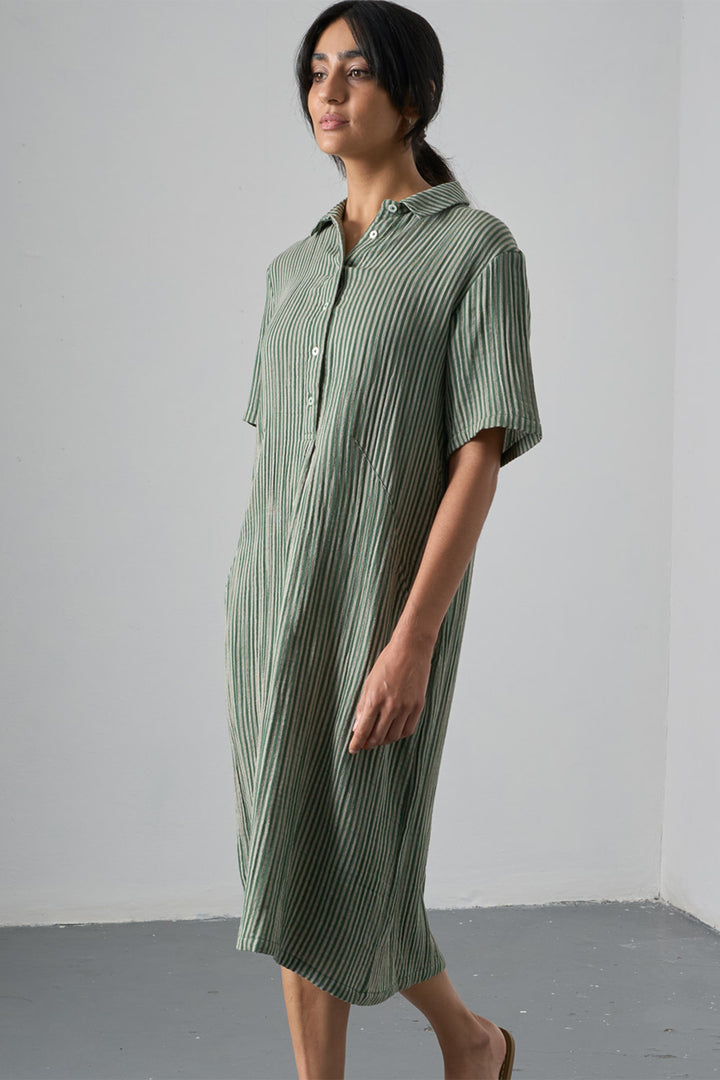 Bibico Alexa Green Textured Double Gauze Stripe Dress BS26WD001