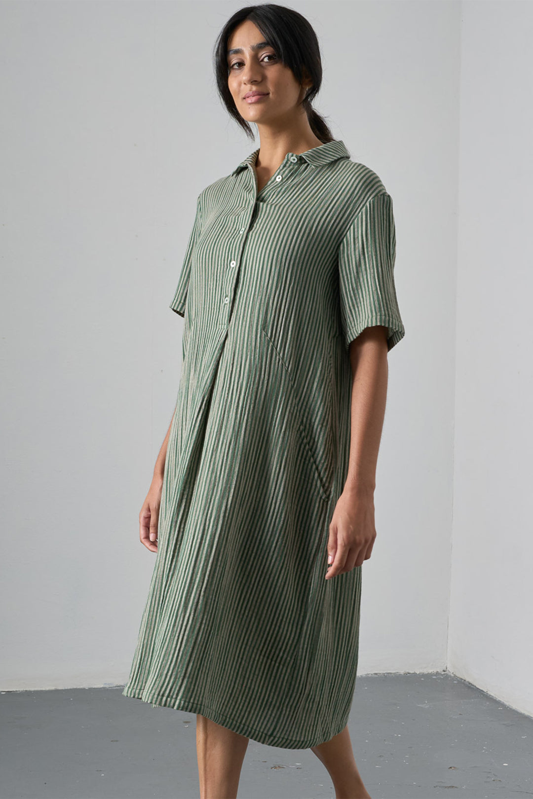 Bibico Alexa Green Textured Double Gauze Stripe Dress BS26WD001