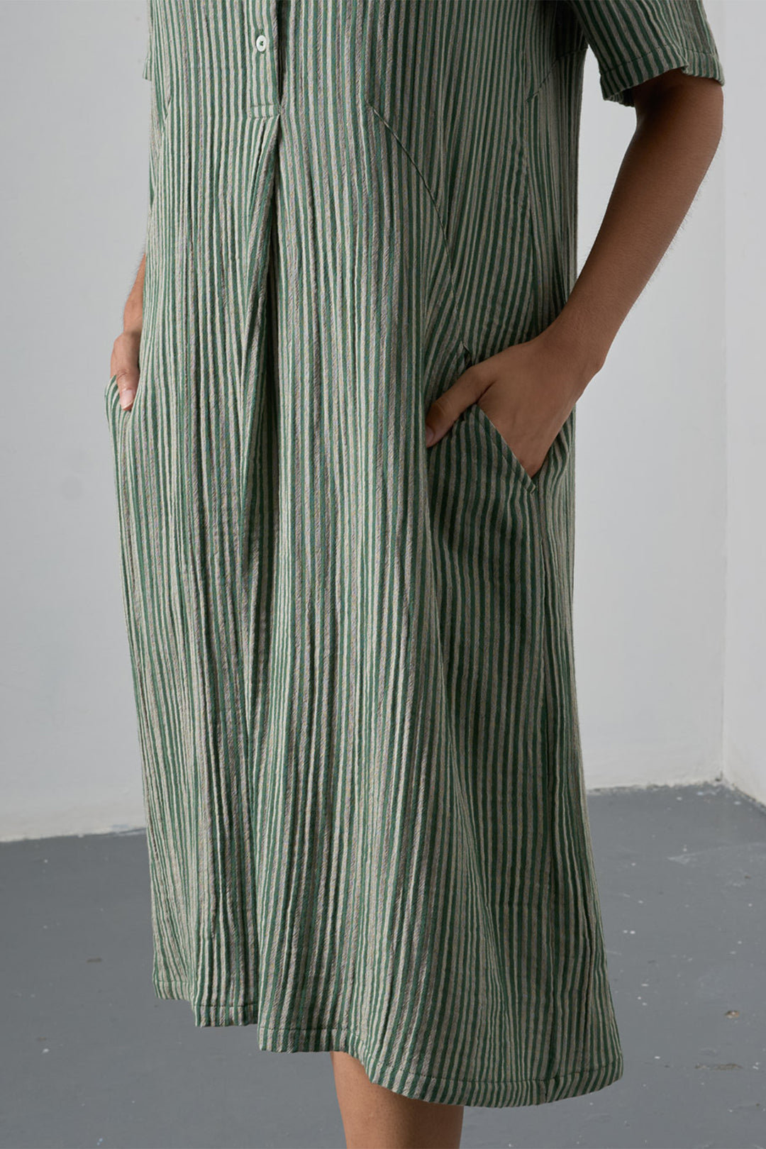 Bibico Alexa Green Textured Double Gauze Stripe Dress BS26WD001