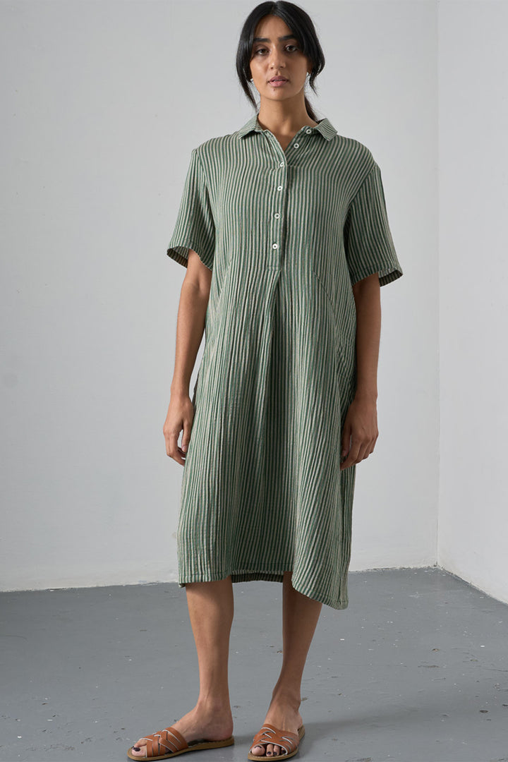Bibico Alexa Green Textured Double Gauze Stripe Dress BS26WD001