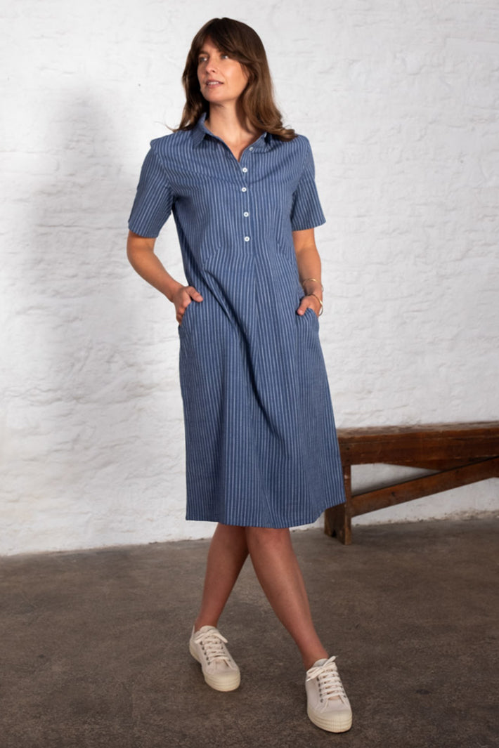 Bibico Alexa Shirt Dress Blue Cotton Linen Stripe - Shirley Allum Boutique