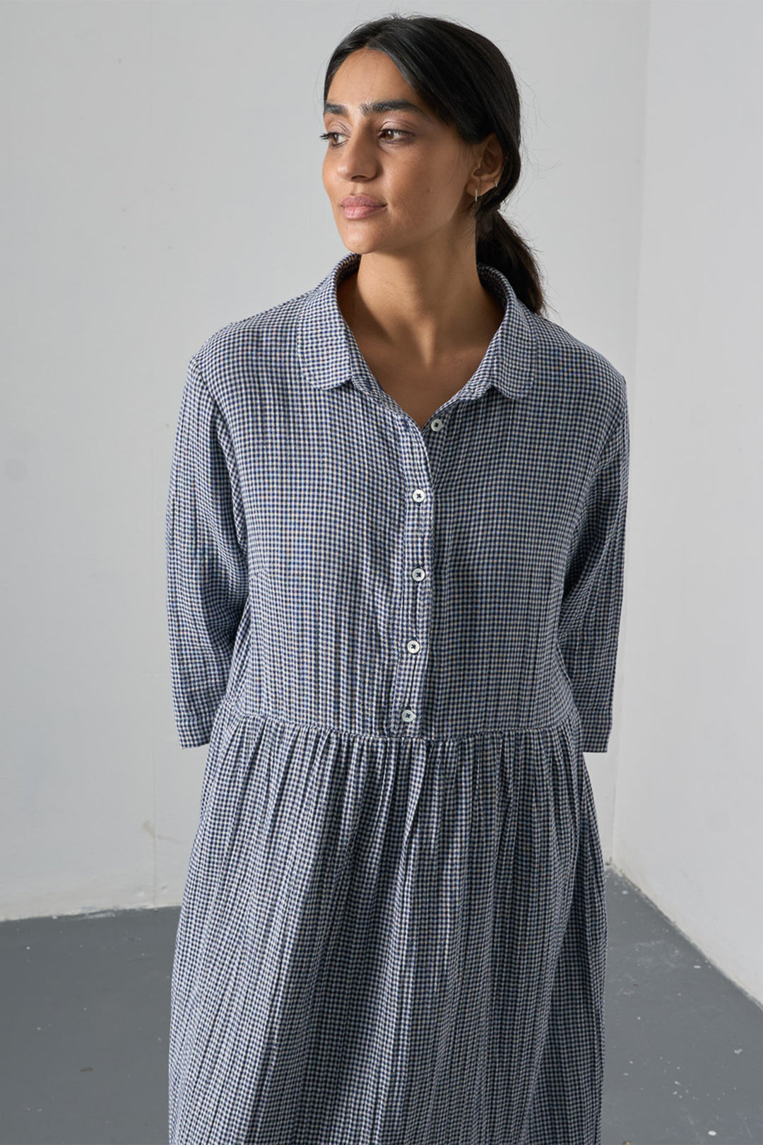 Bibico Bea Navy Little Check Cotton Shirt Dress BS26WD002