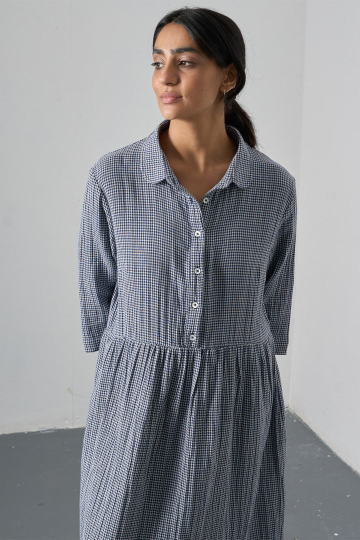 Bibico Bea Navy Little Check Cotton Shirt Dress BS26WD002