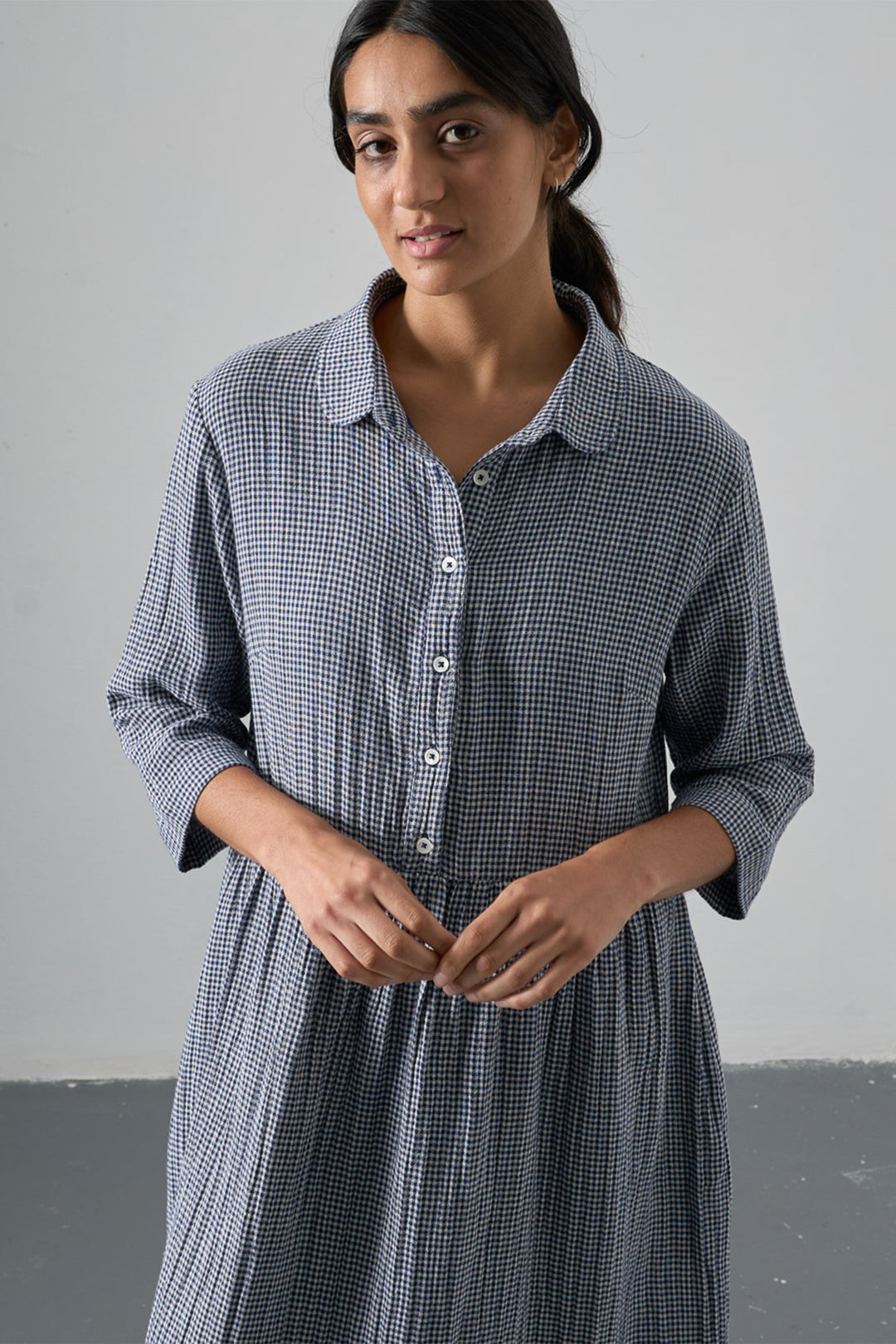 Bibico Bea Navy Little Check Cotton Shirt Dress BS26WD002