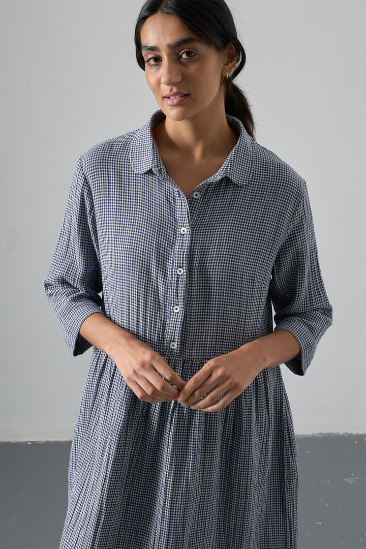 Bibico Bea Navy Little Check Cotton Shirt Dress BS26WD002