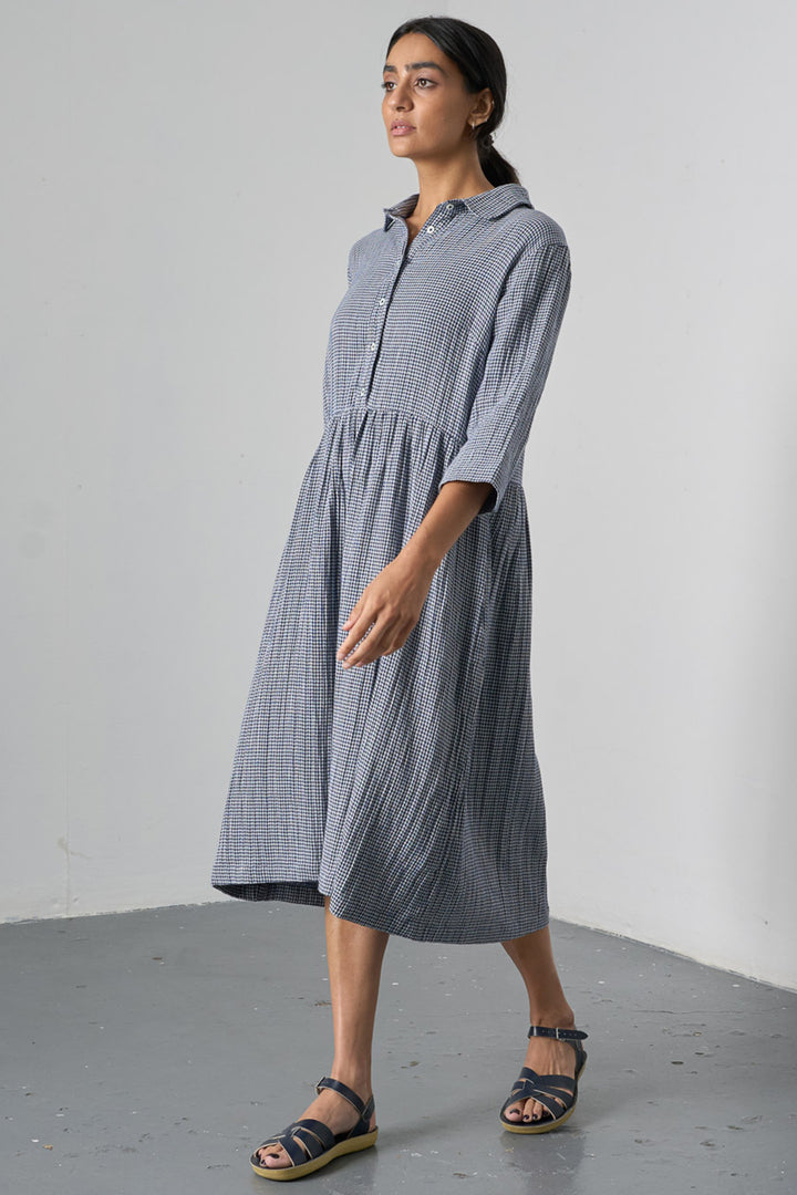 Bibico Bea Navy Little Check Cotton Shirt Dress BS26WD002