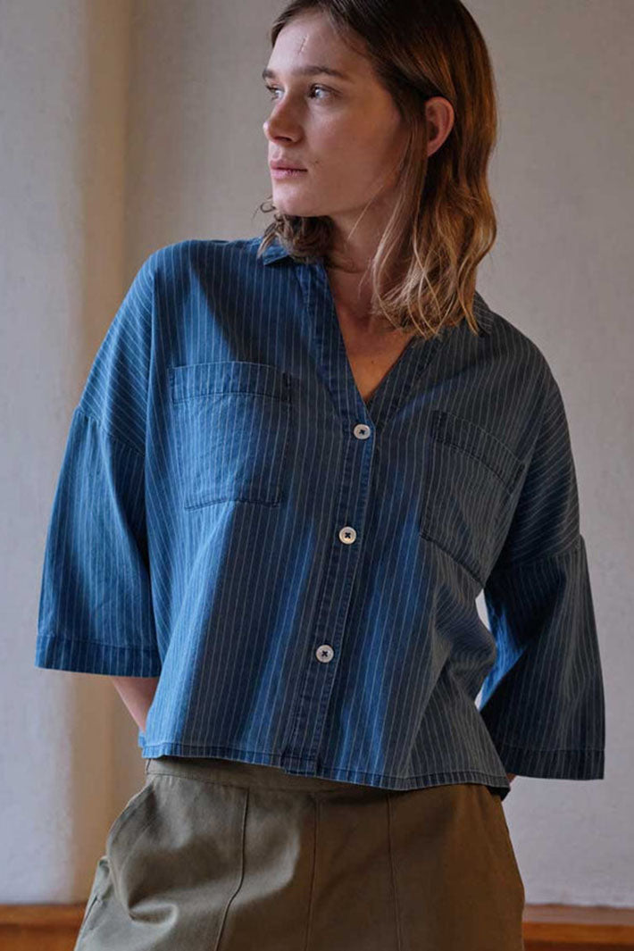 Bibico BS24WT001 Ava Blue Denim Stripe Oversized Blouse - Shirley Allum Boutique