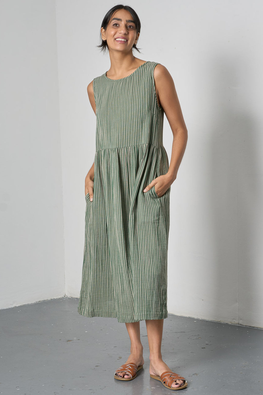 Bibico BS26WD008 Elaine Double Gauze Stripe Green Midi Dress