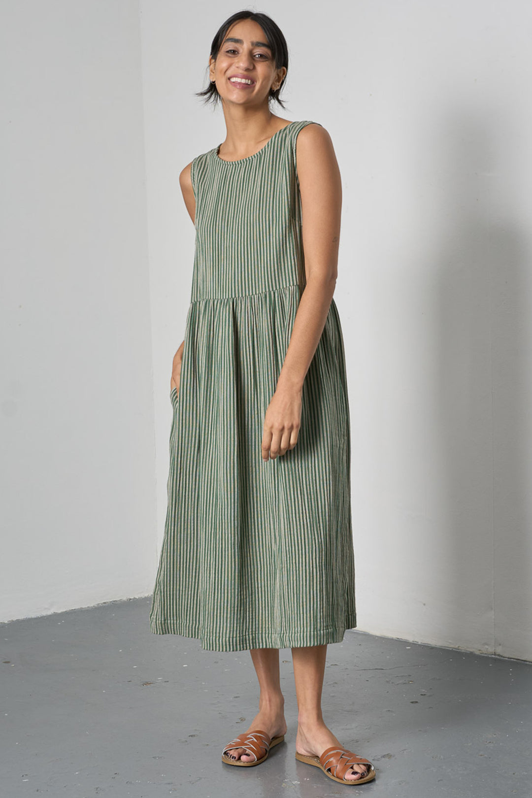 Bibico BS26WD008 Elaine Double Gauze Stripe Green Midi Dress