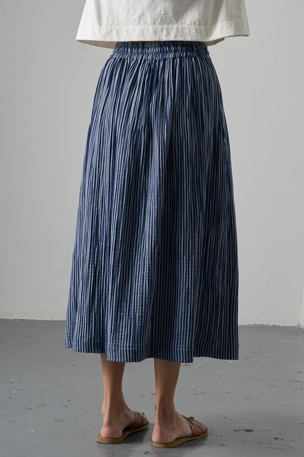 Bibico BS26WS001 Navy Stripe Double Gauze Cotton Midi Skirt, back view