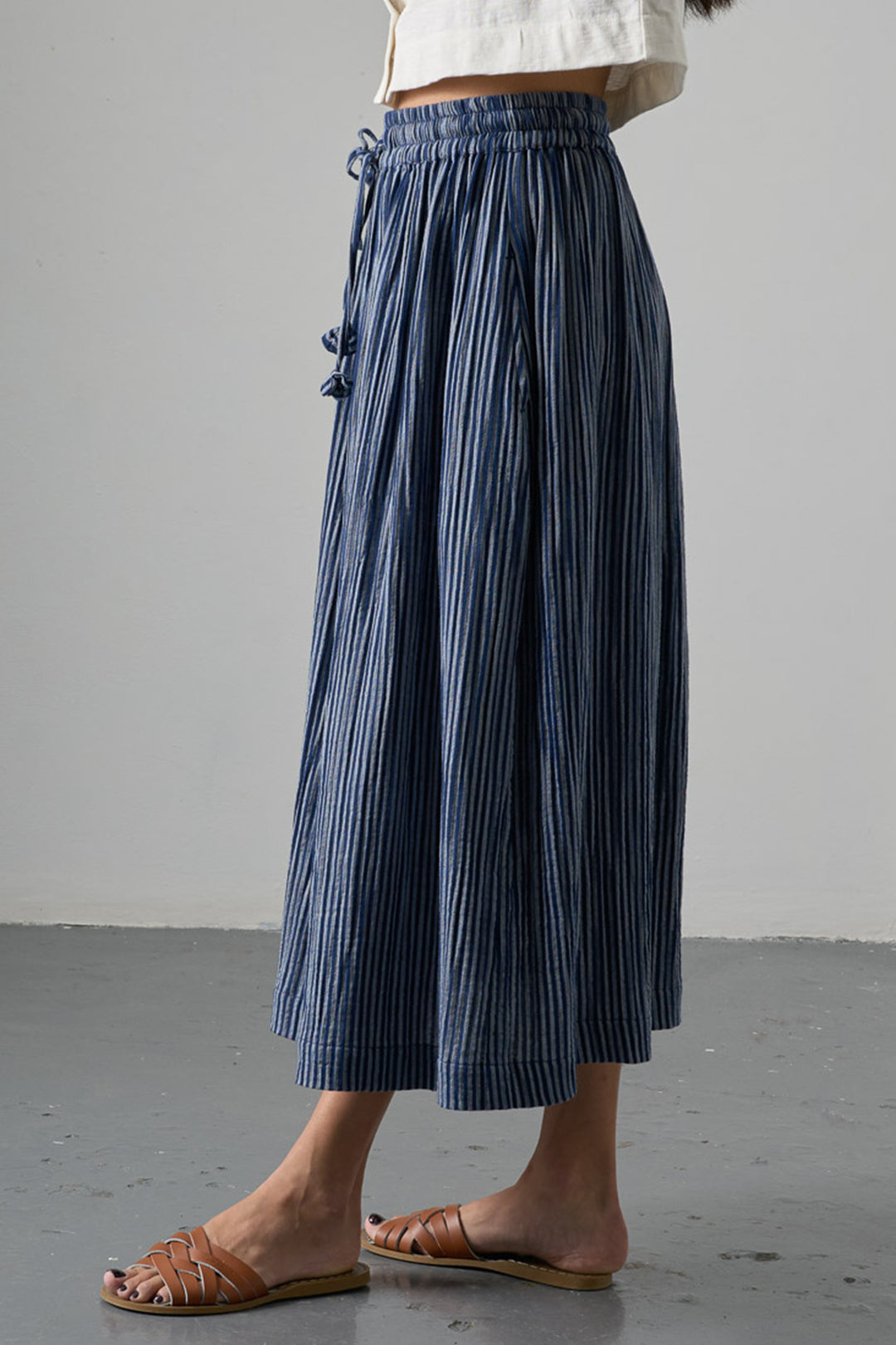 Bibico BS26WS001 Navy Stripe Double Gauze Cotton Midi Skirt, side detail