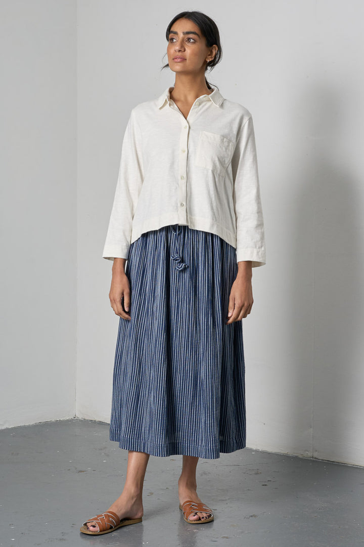 Bibico BS26WS001 Navy Stripe Double Gauze Cotton Midi Skirt, styled, full length