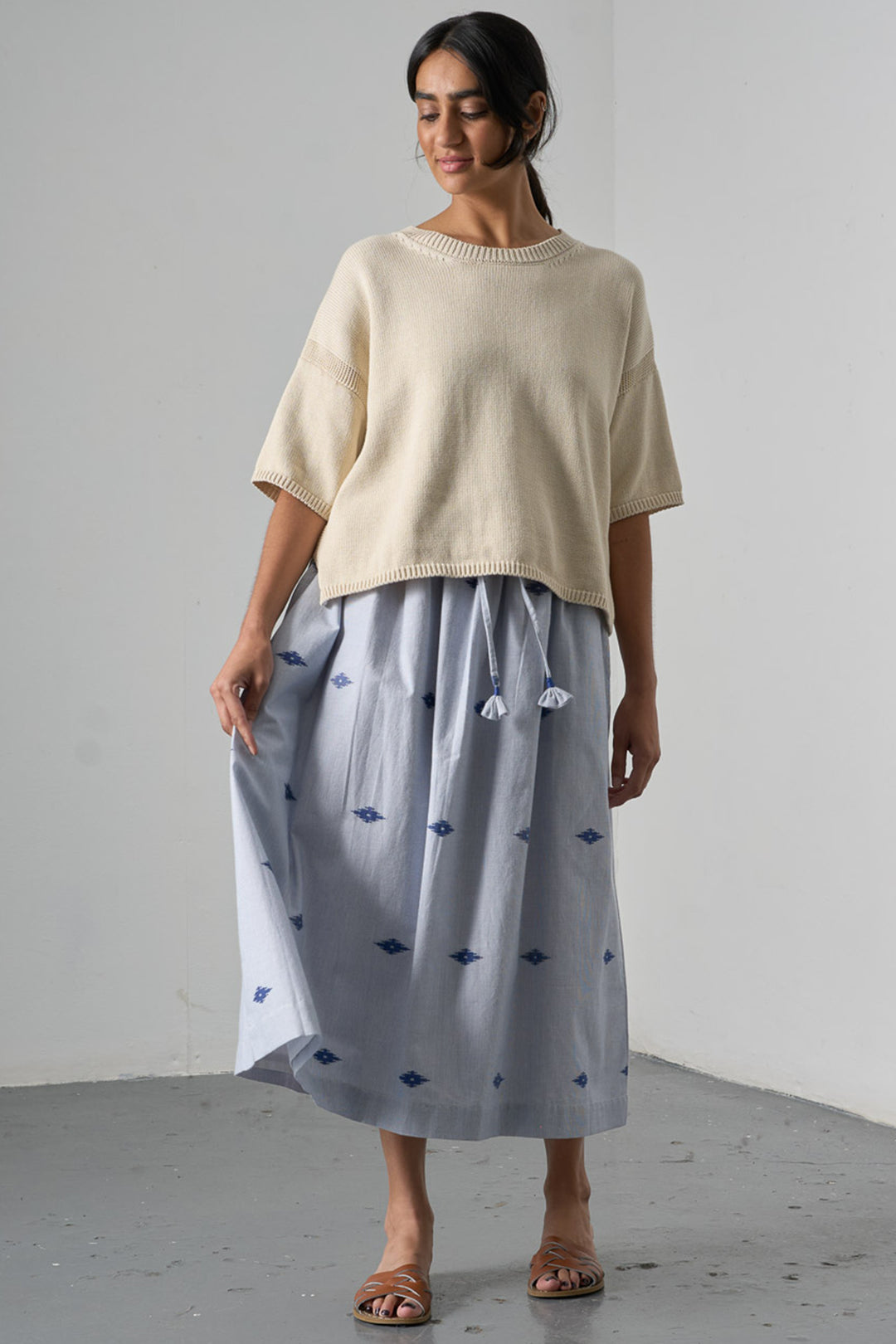 Bibico BS26WS001 Una Midi Double Gauze Navy Stripe Cotton Skirt
