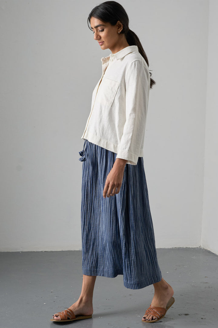 Bibico BS26WS001 Navy Stripe Double Gauze Cotton Midi Skirt, styled, side view