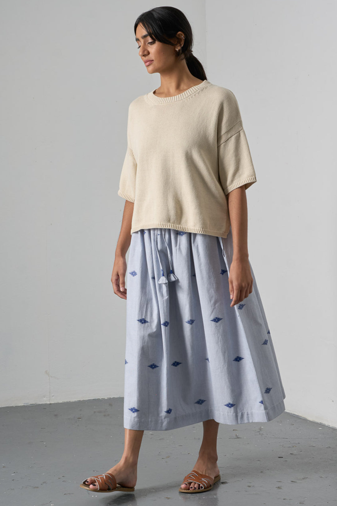 Bibico BS26WS001 Una Midi Double Gauze Navy Stripe Cotton Skirt