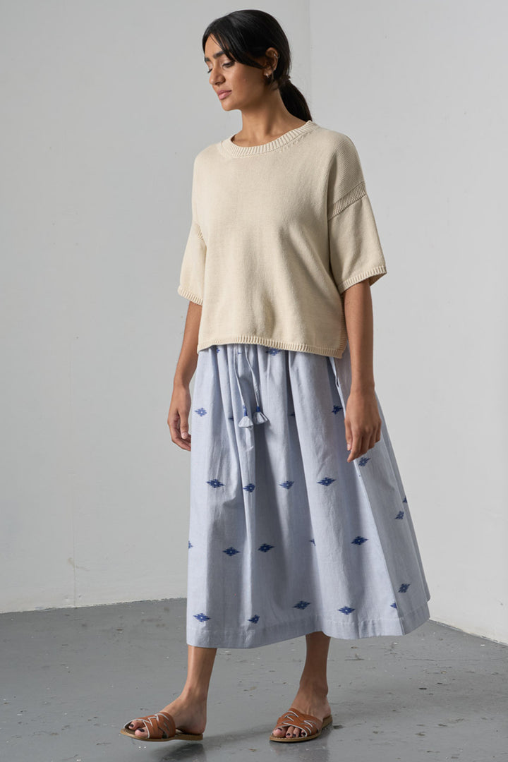 Bibico BS26WS001 Una Midi Double Gauze Navy Stripe Cotton Skirt