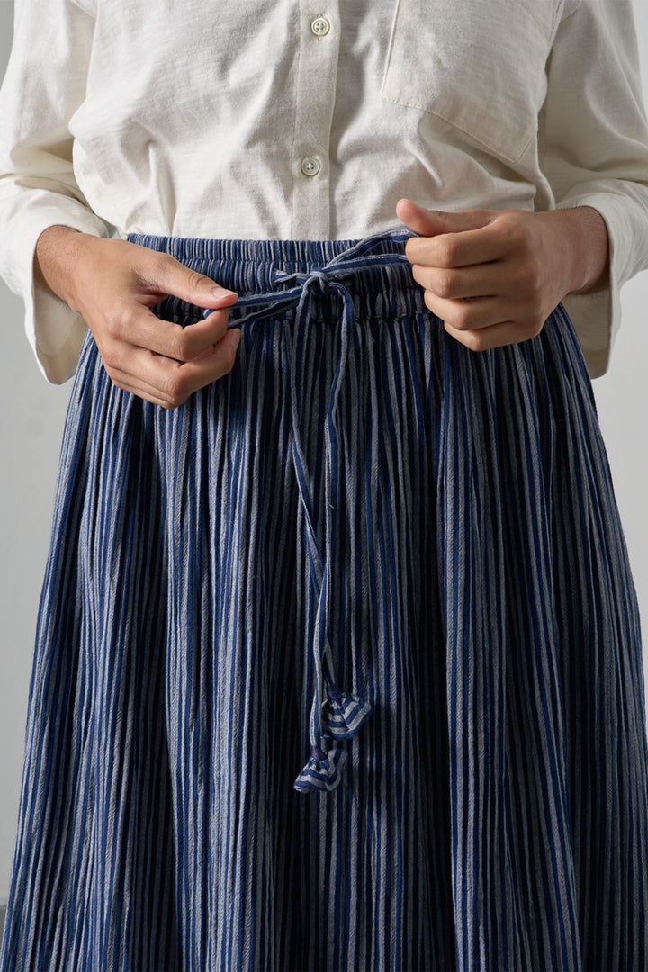 Bibico BS26WS001 Navy Stripe Double Gauze Cotton Midi Skirt, waistband detail