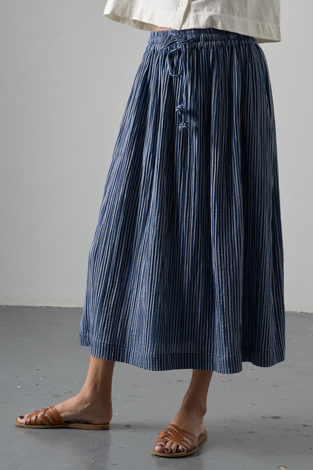 Bibico BS26WS001 Navy Stripe Double Gauze Cotton Midi Skirt, front detail