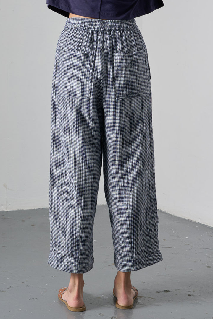 Bibico Clara Navy Little Check Tapered Cotton Trousers BS25WP003