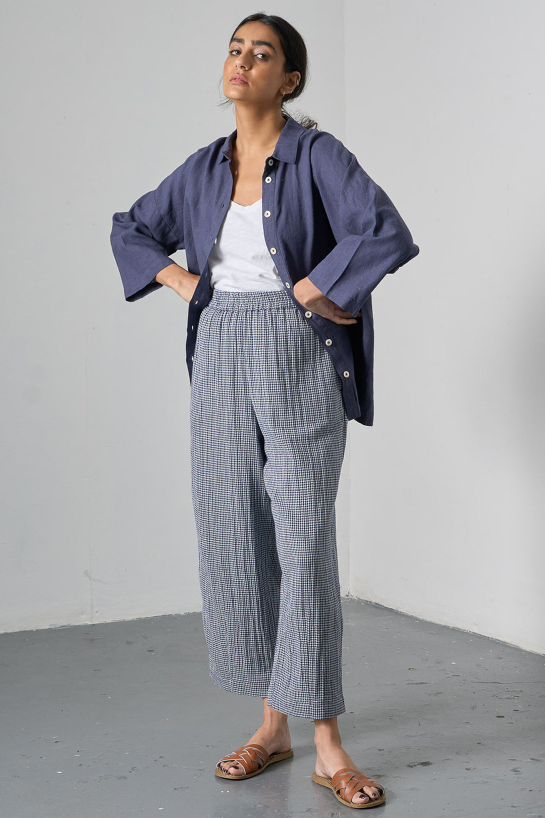 Bibico Clara Navy Little Check Tapered Cotton Trousers BS25WP003