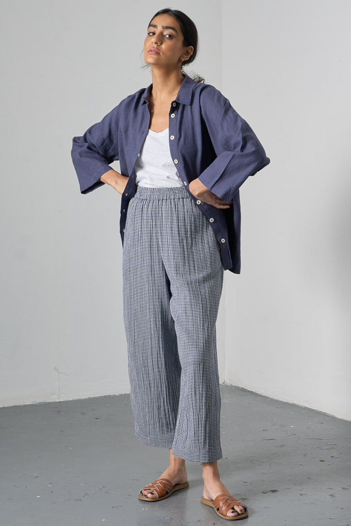 Bibico Clara Navy Little Check Tapered Cotton Trousers BS25WP003