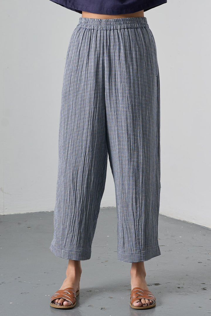 Bibico Clara Navy Little Check Tapered Cotton Trousers BS25WP003