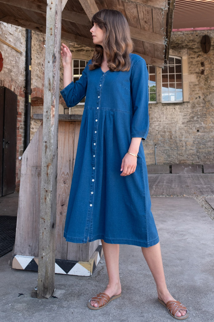Bibico Jane Midi Shirt Dress Textured Blue Denim - Shirley Allum Boutique