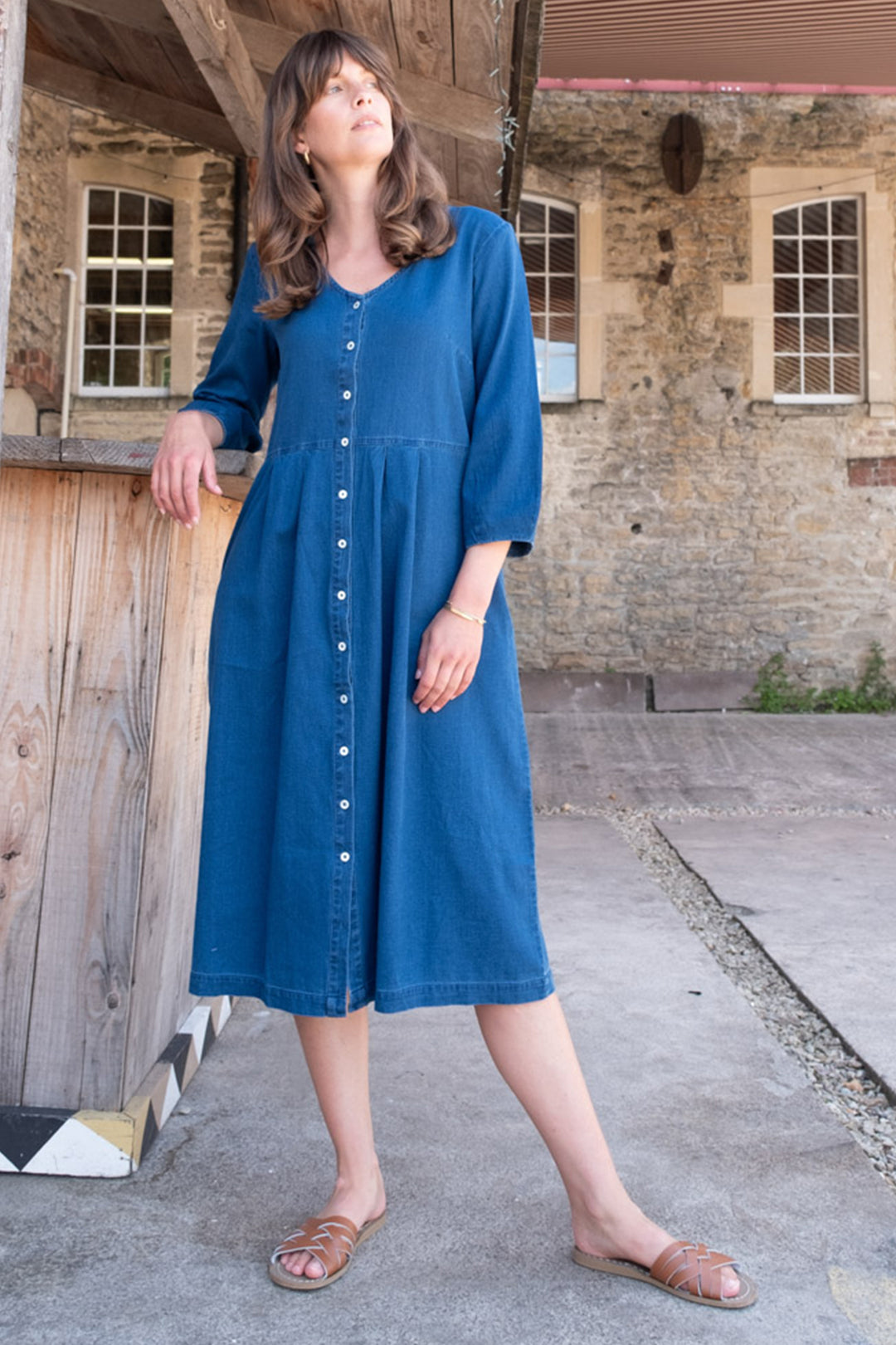 Bibico Jane Midi Shirt Dress Textured Blue Denim - Shirley Allum Boutique