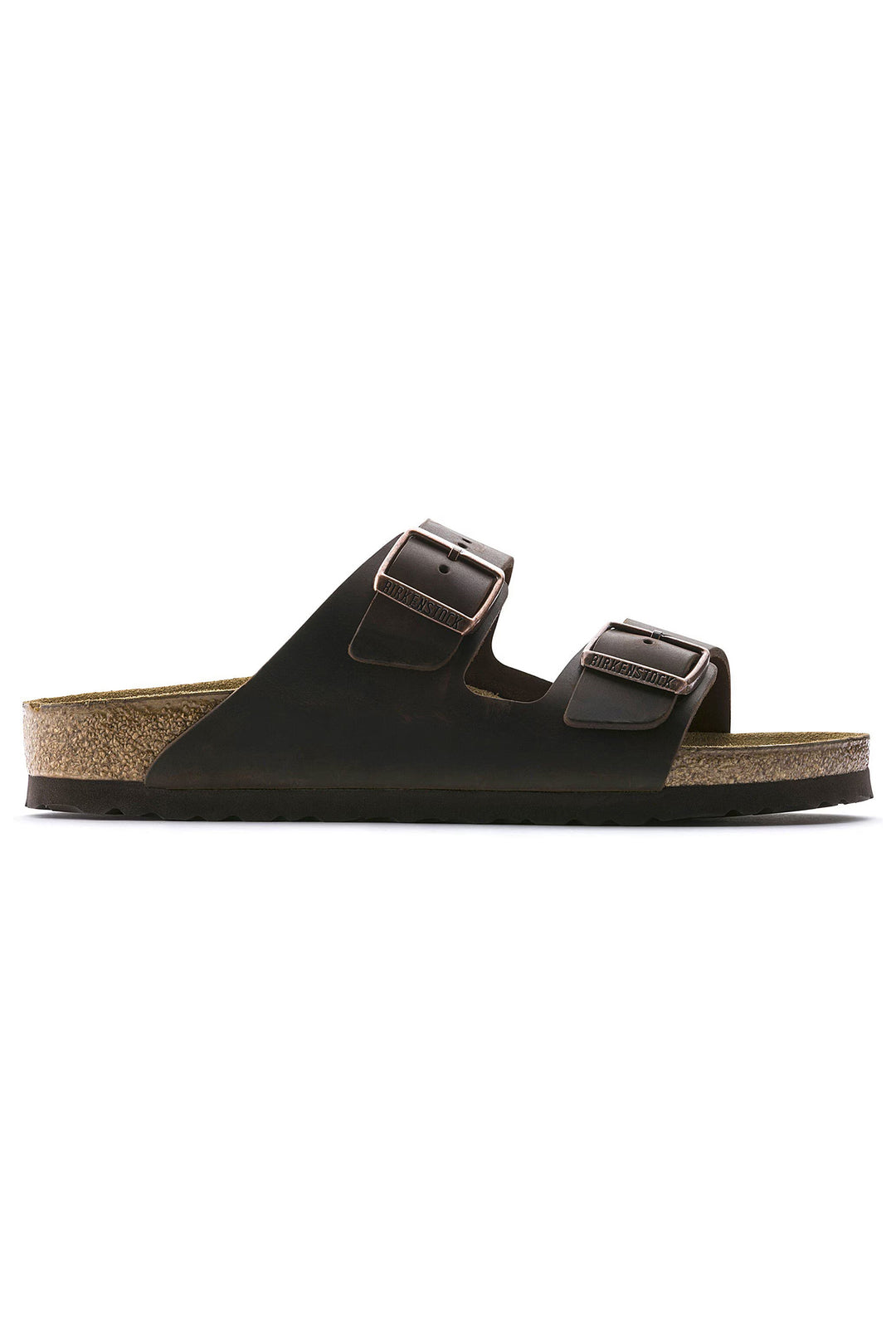 Black sandal with double buckle on a white background