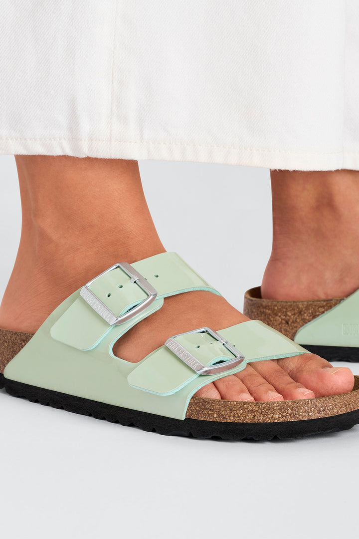 Birkenstock Arizona 1026963 Surf Green Birko-Flor Patent Leather Narrow Fit Sandal - Shirley Allum Boutique