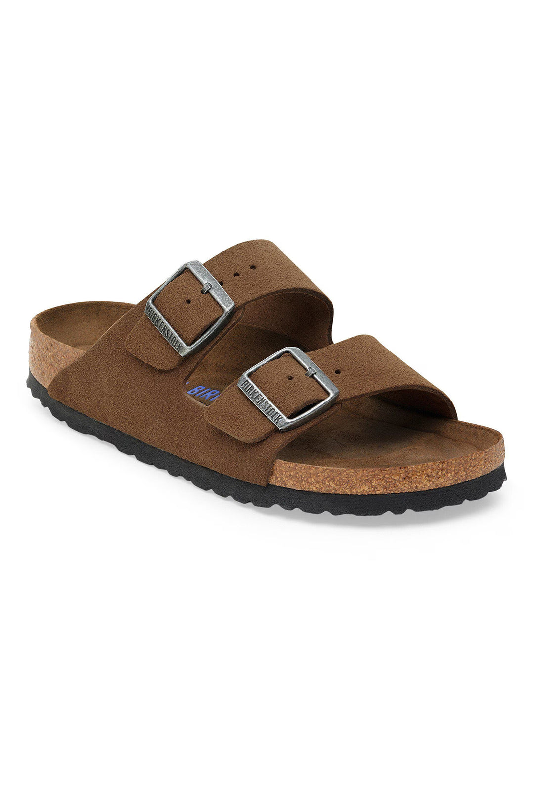 Brown sandal with two buckles on a white background