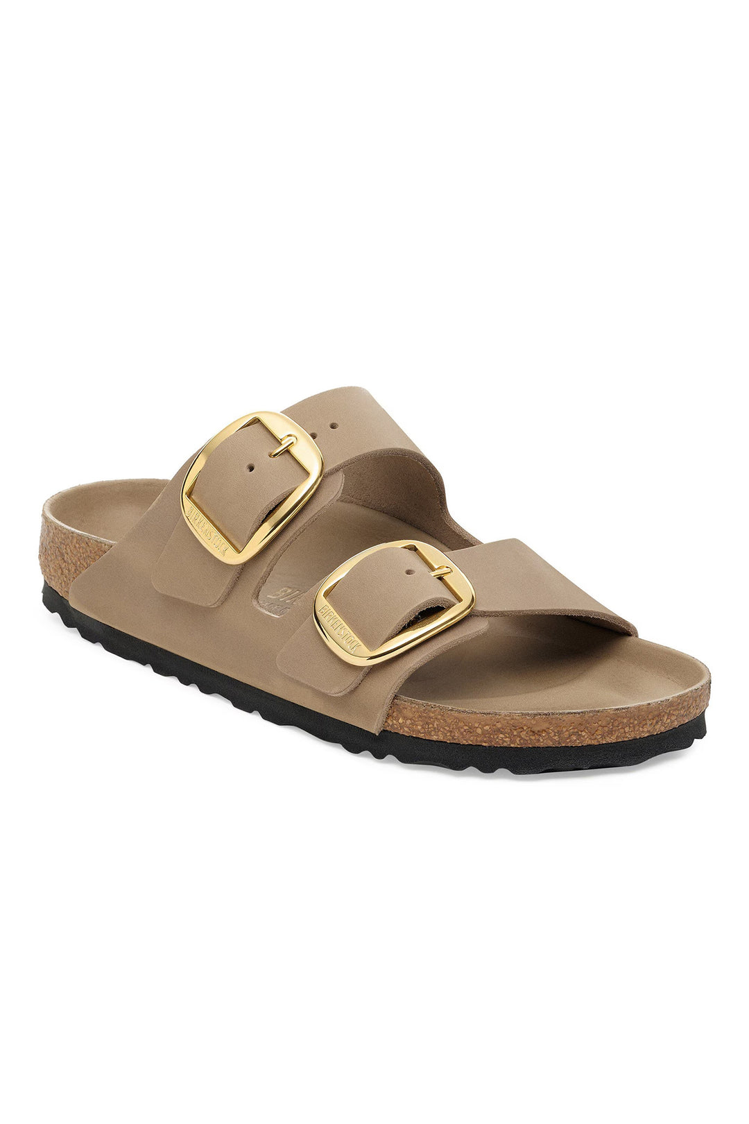 Brown sandal with gold buckles on a white background