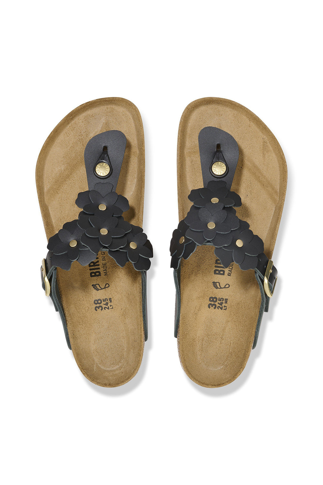 Birkenstock Gizeh Flower Embellishment Sandal Black Leather Regular Fit 1026693 - Shirley Allum Boutique