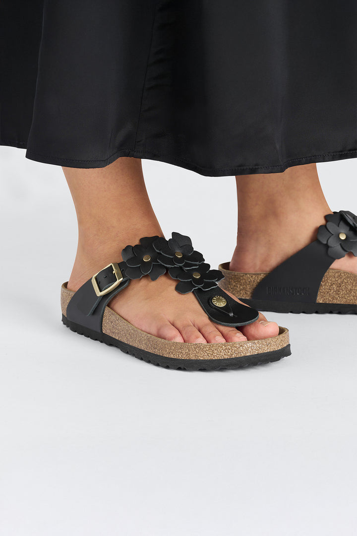 Birkenstock Gizeh Flower Embellishment Sandal Black Leather Regular Fit 1026693 - Shirley Allum Boutique