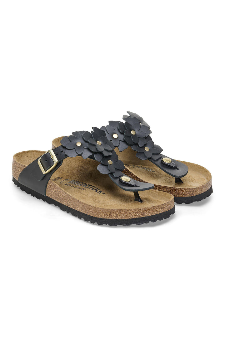 Birkenstock Gizeh Flower Embellishment Sandal Black Leather Regular Fit 1026693 - Shirley Allum Boutique