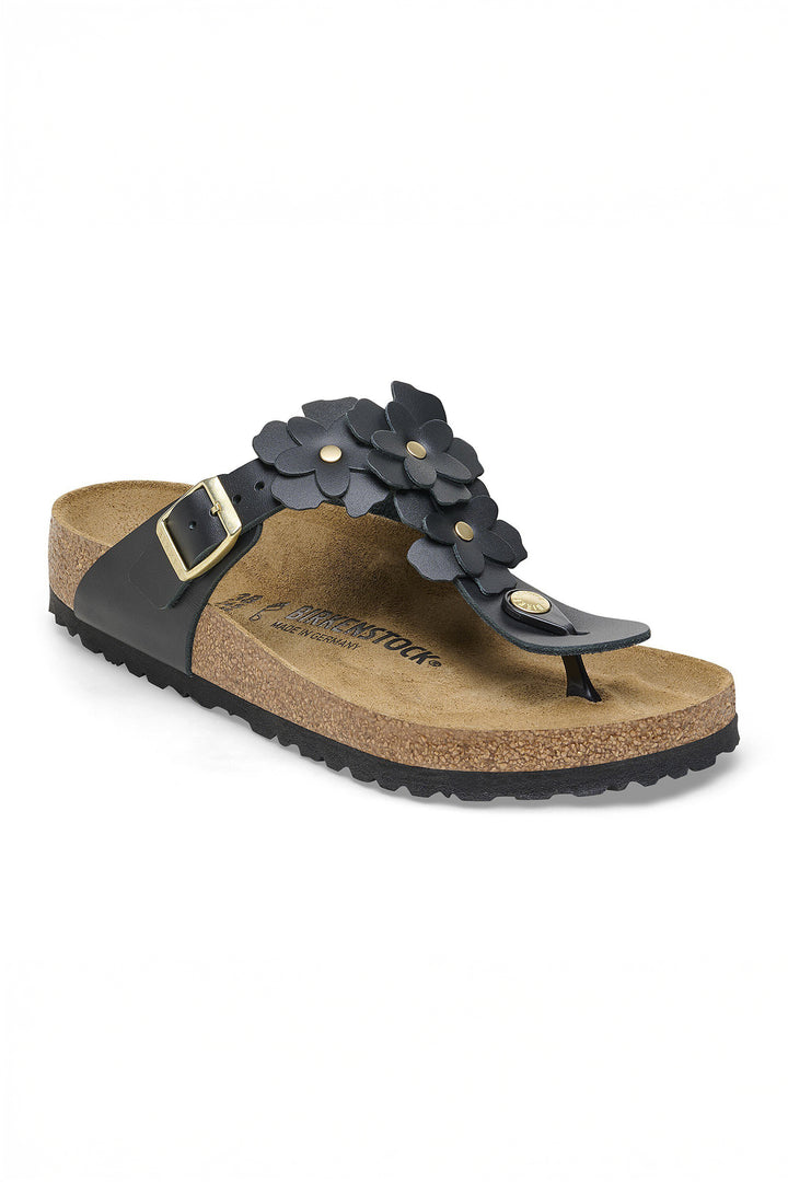 Birkenstock Gizeh Flower Embellishment Sandal Black Leather Regular Fit 1026693 - Shirley Allum Boutique