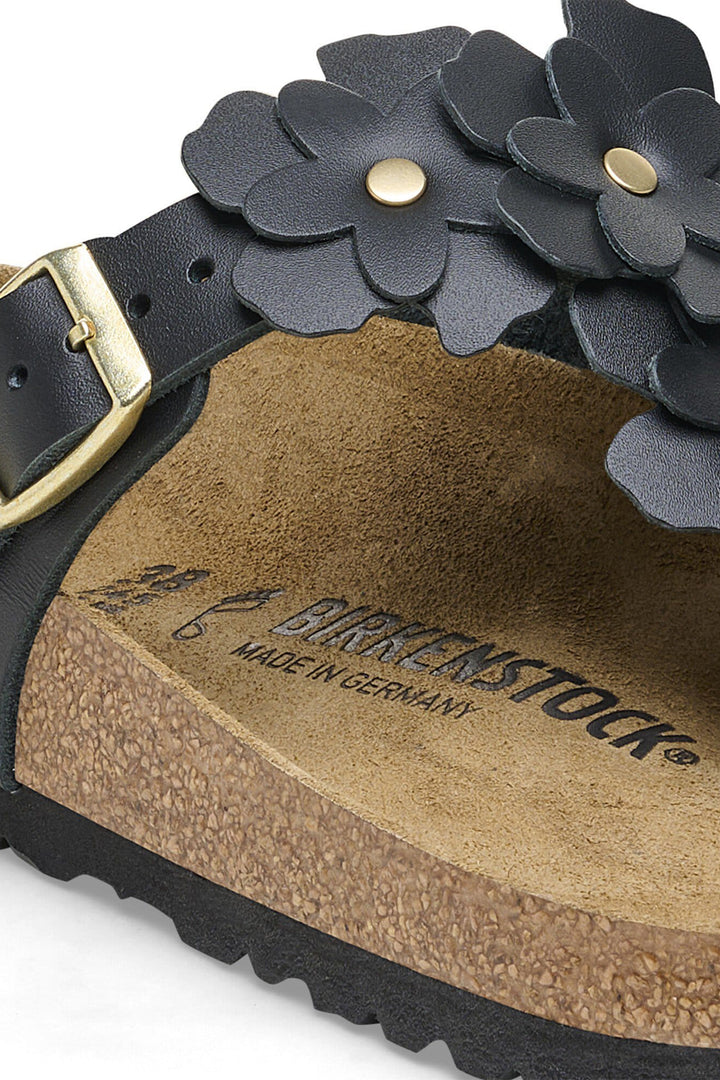 Birkenstock Gizeh Flower Embellishment Sandal Black Leather Regular Fit 1026693 - Shirley Allum Boutique