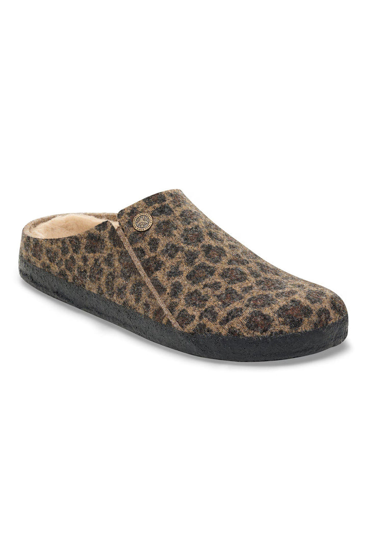 Leopard print slipper with a black sole on a white background