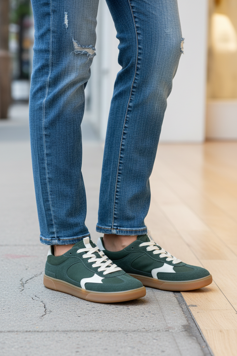Person wearing blue jeans and green sneakers with white laces on a sidewalk.