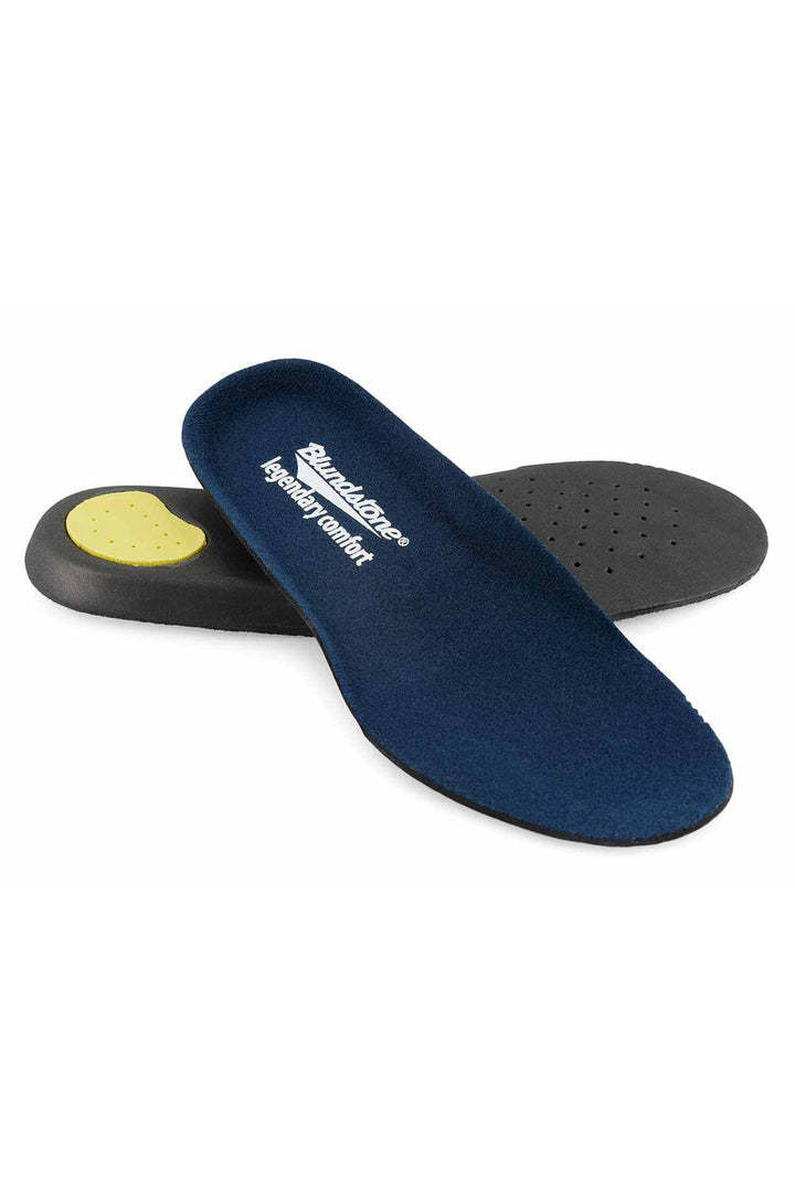 Blue shoe insole with a yellow heel pad on a white background