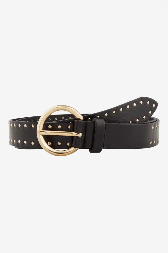 Black belt with gold studs and buckle on a white background