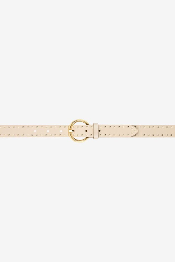Beige leather belt with a gold buckle on a white background