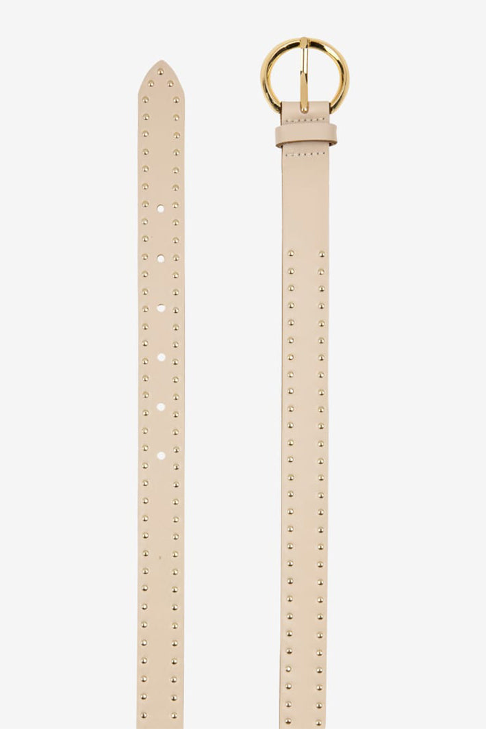 Beige leather belt with gold ring buckle on a white background