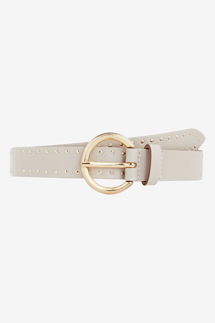 Beige belt with a gold buckle on a white background